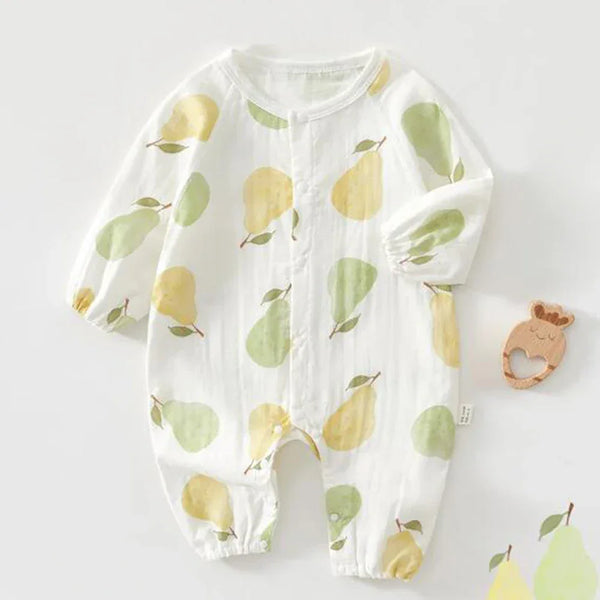 White cotton fruit print baby romper with yellow and green pear patterns for infants