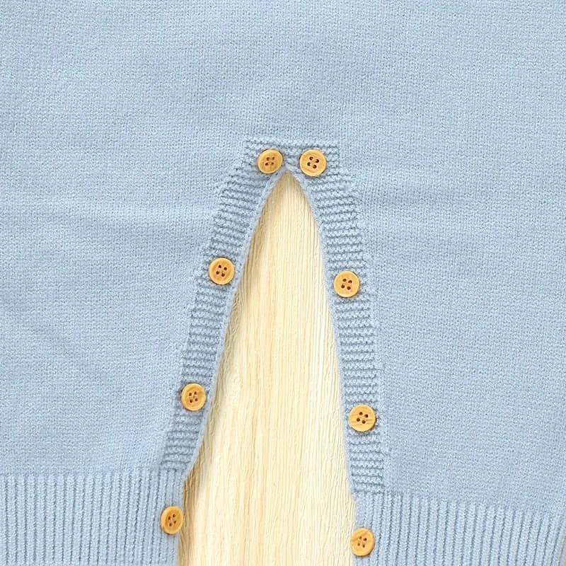 light blue dachshund baby sweater romper with wooden buttons for infants