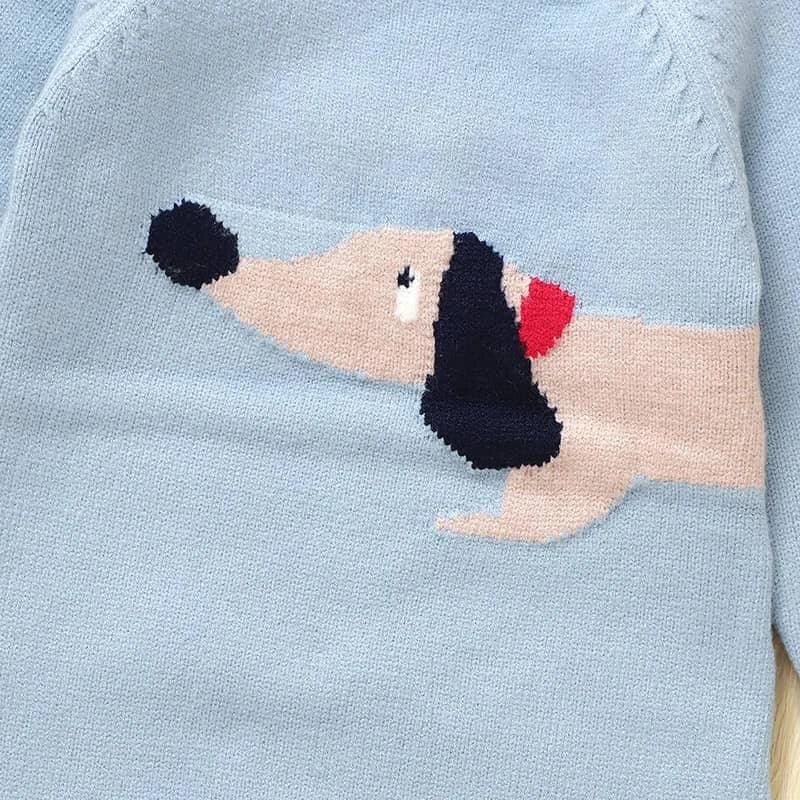 Light blue dachshund baby sweater romper with dachshund face detail for infants
