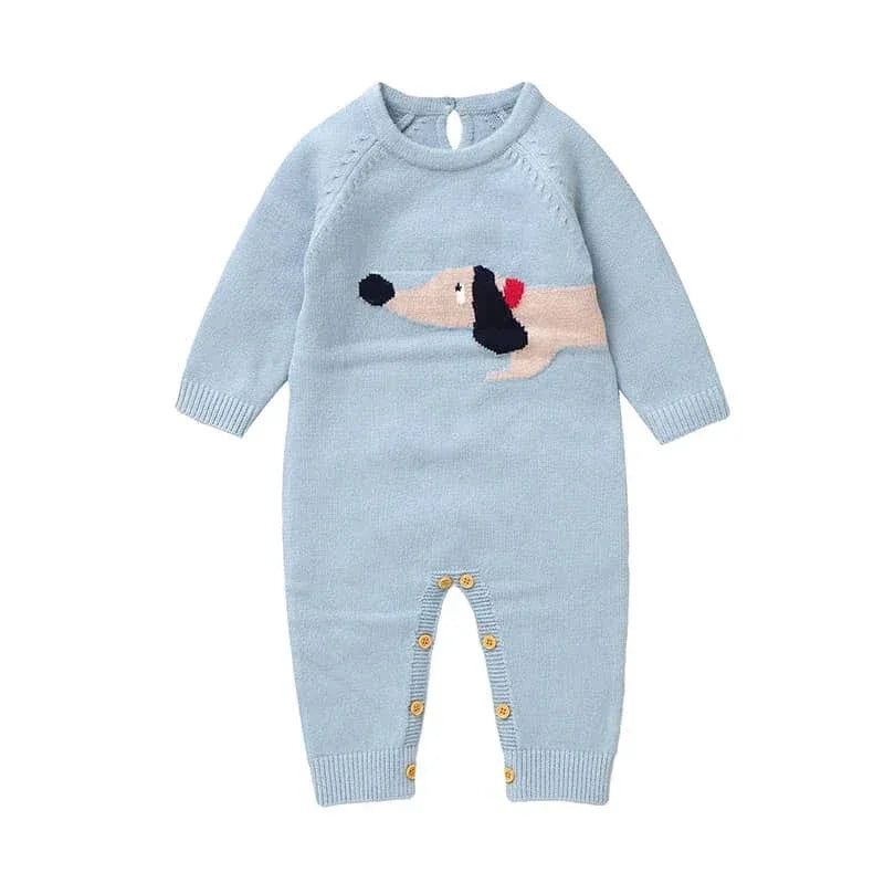 Light blue dachshund baby sweater romper for infants with long sleeves and button closures