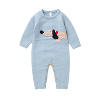 Light blue dachshund baby sweater romper for infants with long sleeves and button closures