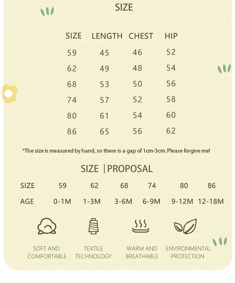 Size chart for dachshund baby sweater romper showing measurements and age recommendations from 0 to 18 months