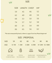Size chart for dachshund baby sweater romper showing measurements and age recommendations from 0 to 18 months