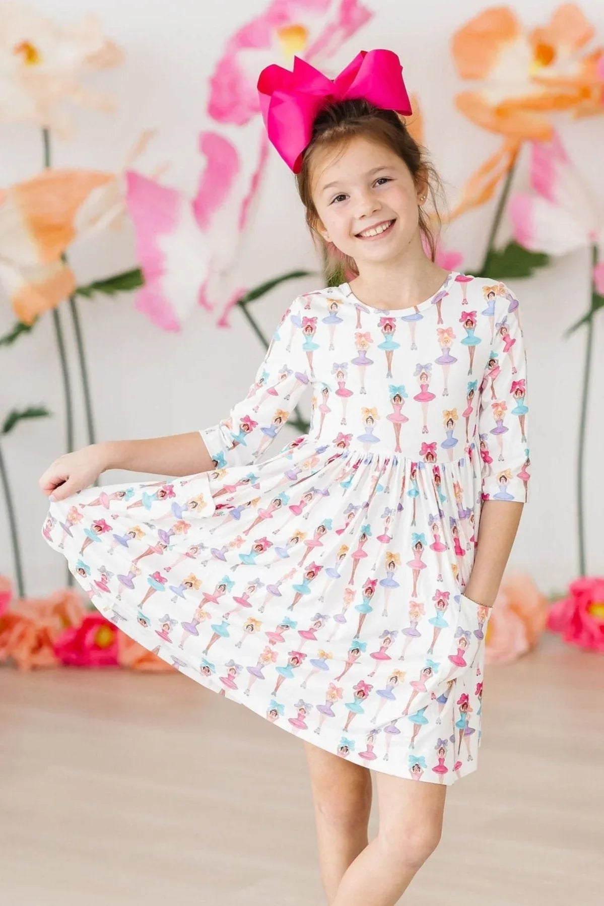 Girls white ballerina twirl dress for girls with colorful ballerina print and 3/4 sleeves