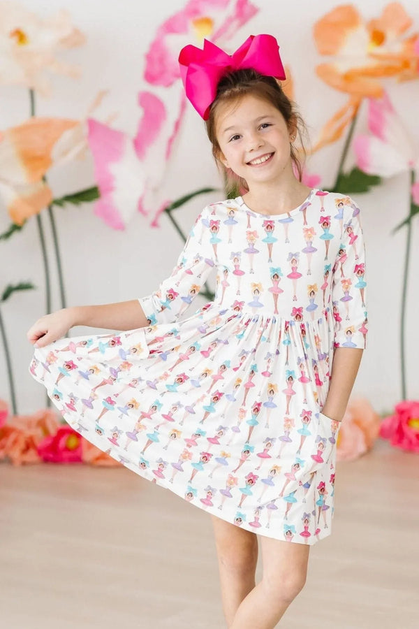 Girls white ballerina twirl dress for girls with colorful ballerina print and 3/4 sleeves