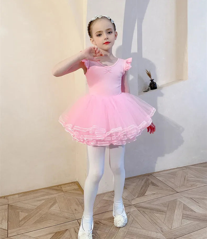 Toddler pink ballet tutu dress with ruffled sleeves and layered skirt for young dancers