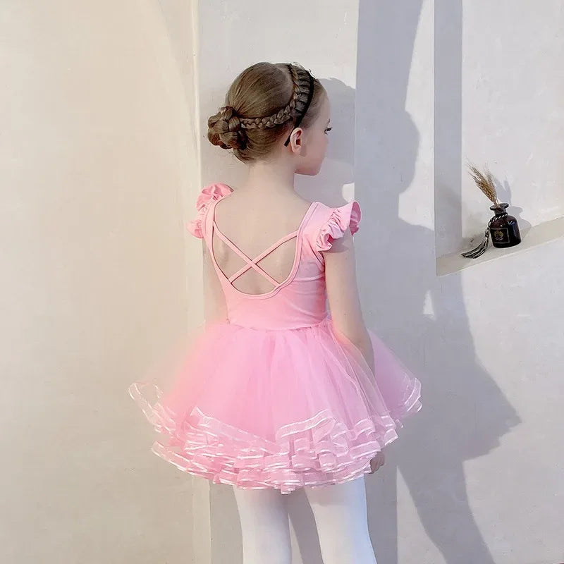 girls pink ballet tutu dress with crisscross back straps and ruffled sleeves for toddlers