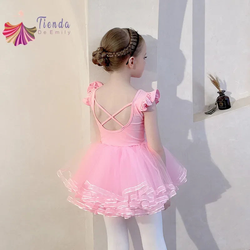 toddler girls pink ballet tutu dress with ruffle sleeves and crisscross back straps