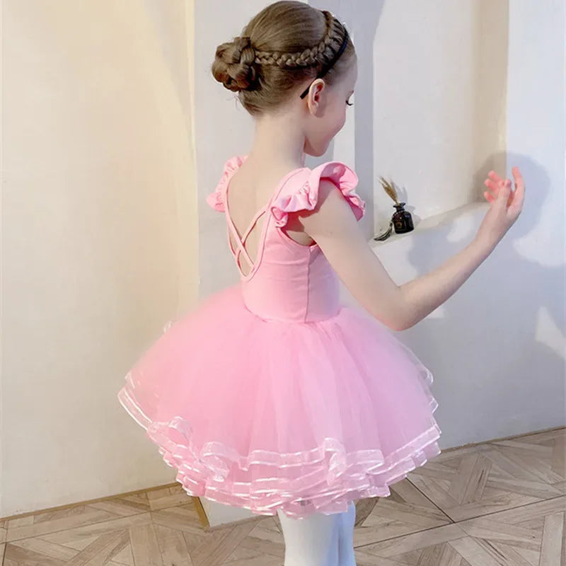 Toddler pink ballet tutu dress with ruffle sleeves and layered tulle skirt for kids