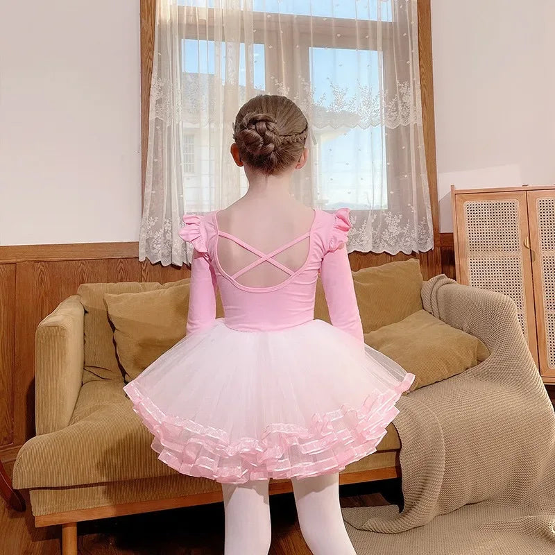 Girls pink ballet tutu dress for kids with long sleeves and ruffled skirt size 3-6 years