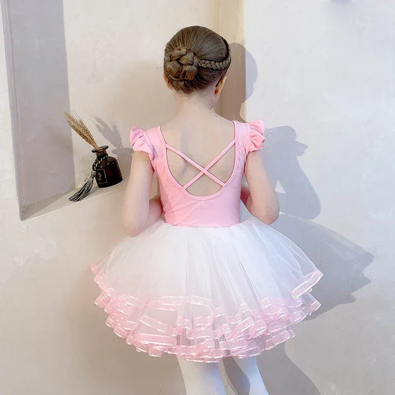Pink and white ballet tutu dress for kids with crisscross back straps and ruffled sleeves