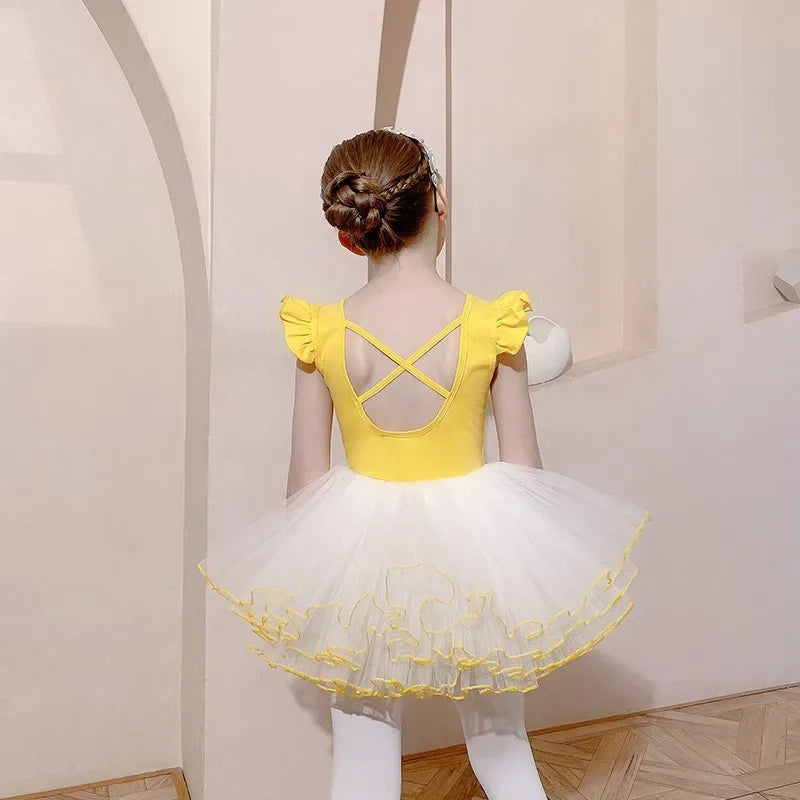Girls yellow and white ballet tutu dress with ruffled sleeves and crisscross back straps for kids