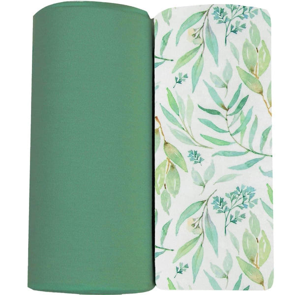 Set of green solid and white with green leaf print bamboo baby swaddle blankets for newborns