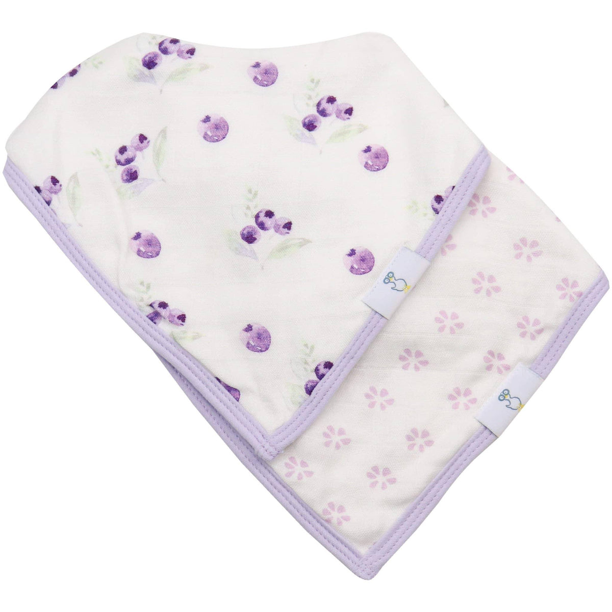 Goosewaddle bamboo muslin baby bib set in white with purple floral and berry patterns and lavender trim