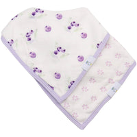 Goosewaddle bamboo muslin baby bib set in white with purple floral and berry patterns and lavender trim