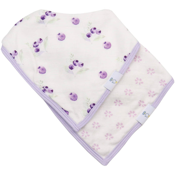 Goosewaddle bamboo muslin baby bib set in white with purple floral and berry patterns and lavender trim