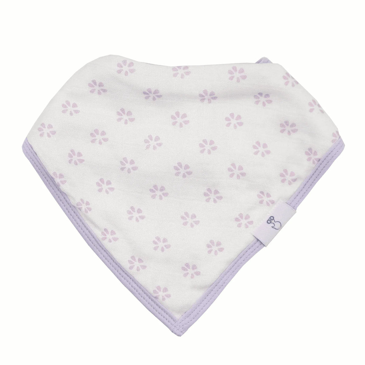 White and lavender bamboo muslin baby bib set with floral pattern and soft fabric