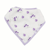 White and lavender bamboo muslin baby bib set with purple berry print and soft fabric