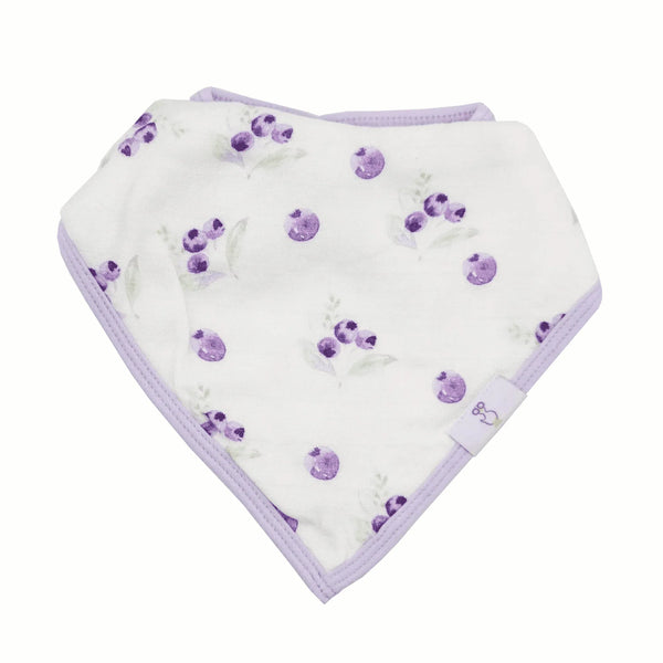 White and lavender bamboo muslin baby bib set with purple berry print and soft fabric