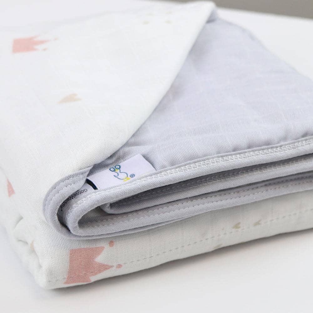 Gray and white bamboo muslin baby blanket with quilted texture and soft fabric