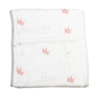 White bamboo muslin baby blanket with pink crown pattern and gray trim, soft quilted material