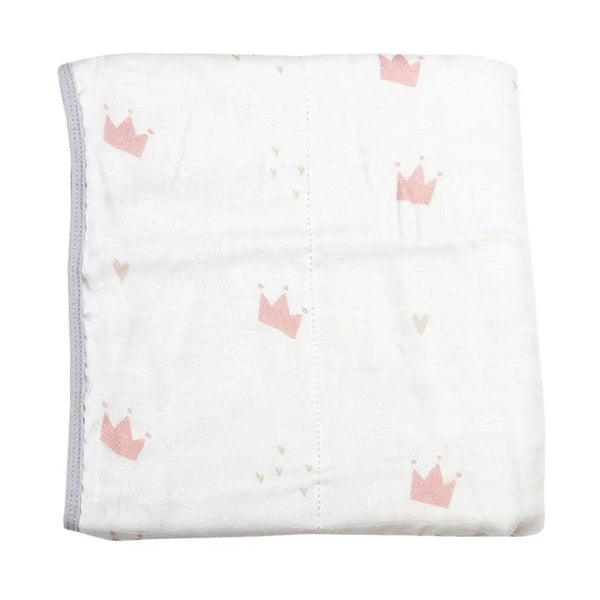 White bamboo muslin baby blanket with pink crown pattern and gray trim, soft quilted material