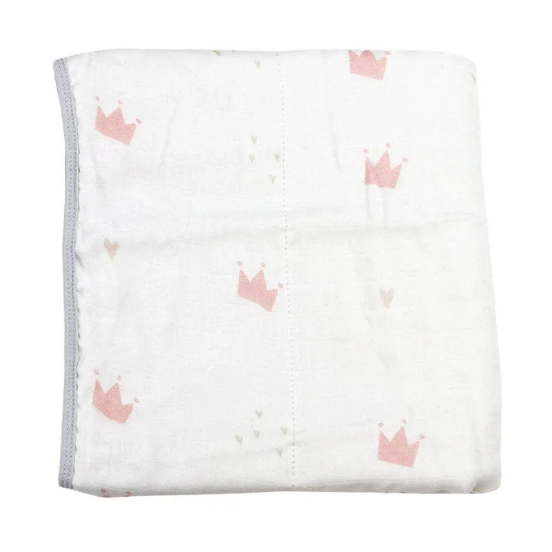 White bamboo muslin baby blanket with pink crown pattern and gray trim, soft quilted material