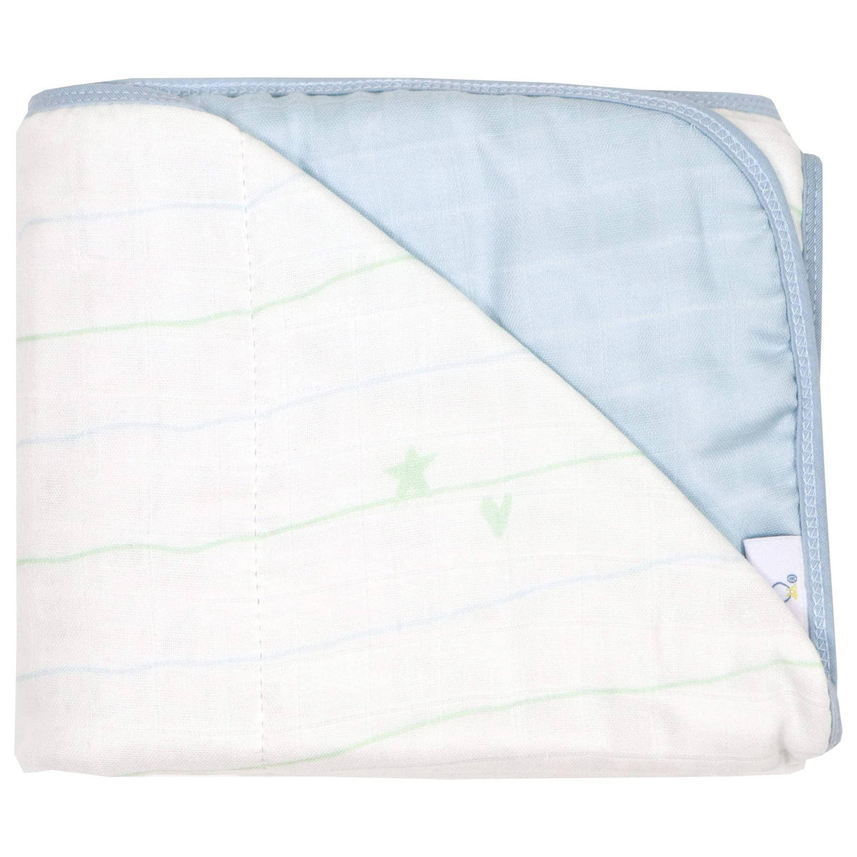 folded white and blue bamboo muslin baby blanket for newborns with star pattern and blue trim