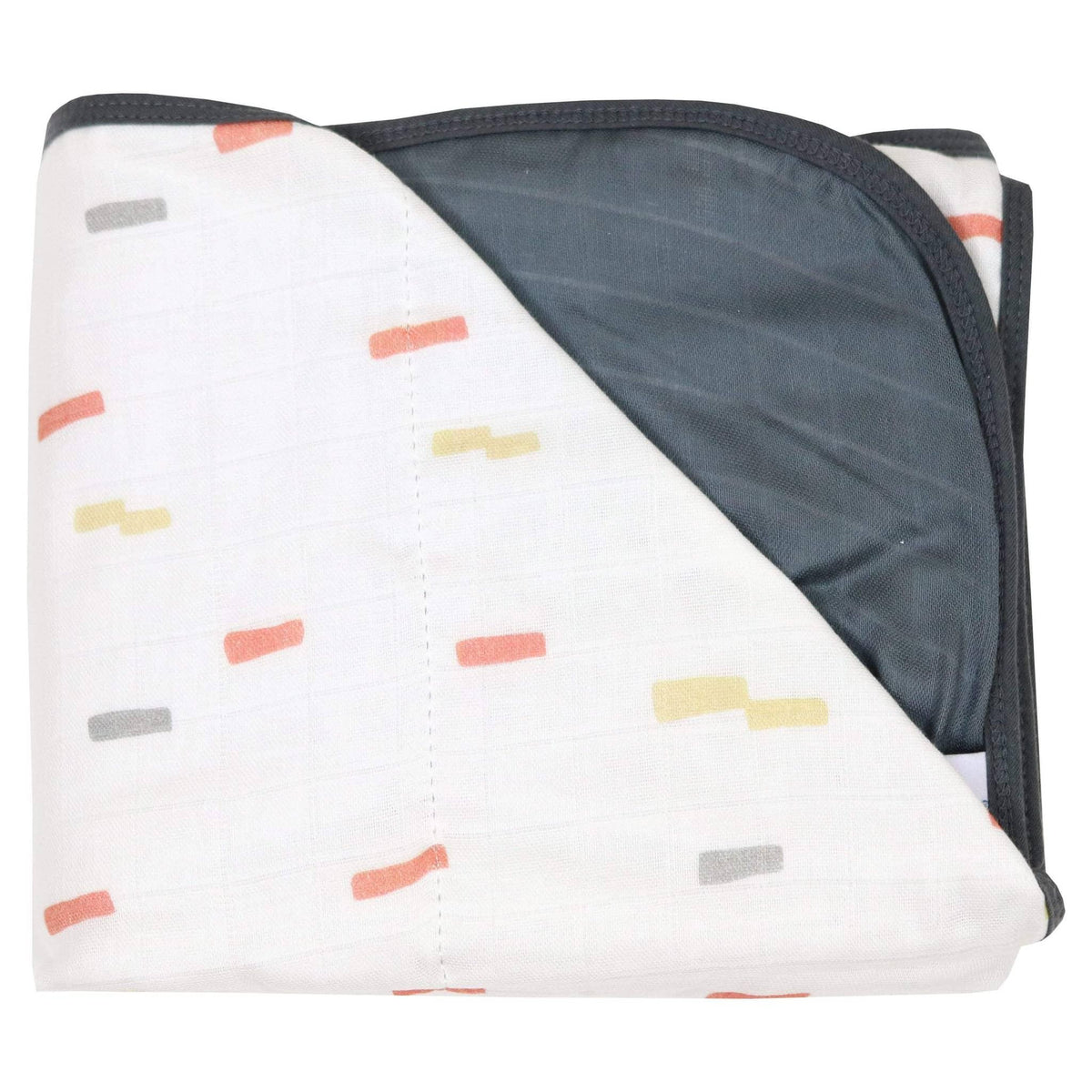 Goosewaddle bamboo muslin baby blanket in white with multicolor accents and dark gray quilted backing