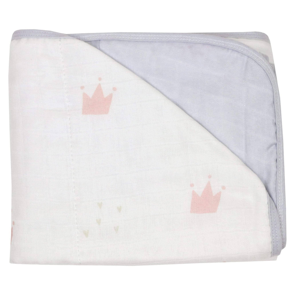 White and light gray bamboo muslin baby blanket with pink crown print and quilted texture