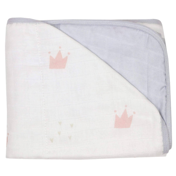 White and light gray bamboo muslin baby blanket with pink crown print and quilted texture
