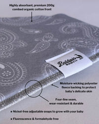 Grey paisley bandana bib with organic cotton front, moisture-wicking backing, durable four-line seam, and Baldwin Baby Co tag.