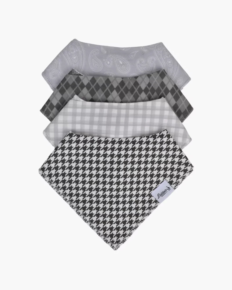Timeless Charm Bandana Bibs Collection featuring houndstooth, gingham, argyle, and paisley patterns for classic baby style and drool protection.