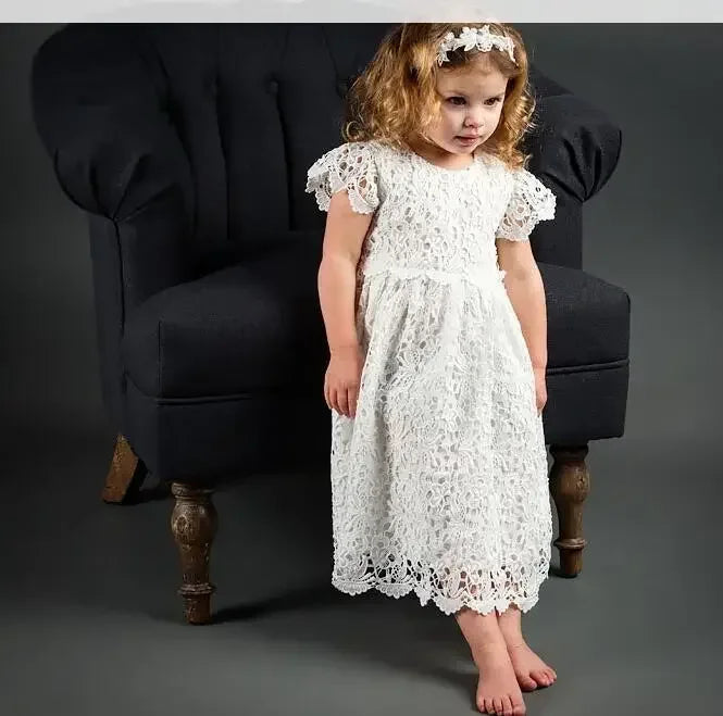 Toddler white lace baptism gown with short sleeves and matching headband for baby girls
