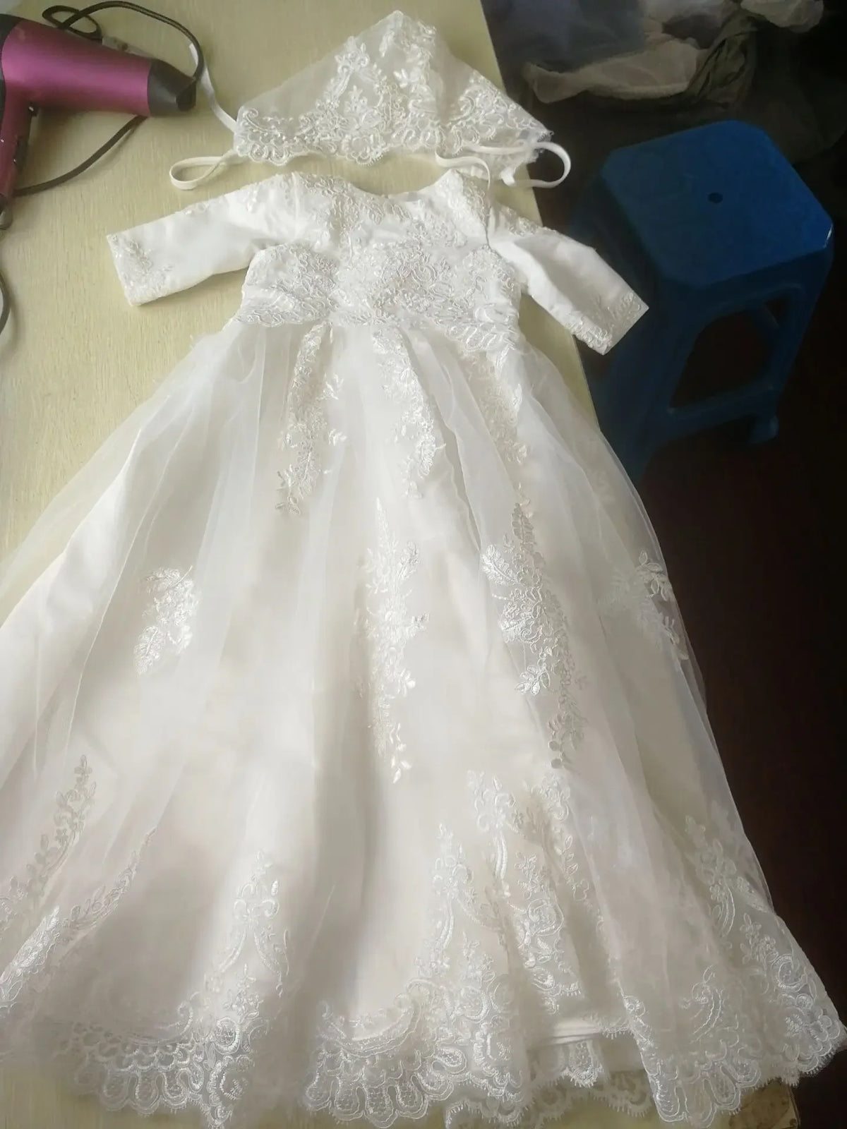 White baptism long gown for babies with lace detailing and long sleeves including matching bonnet