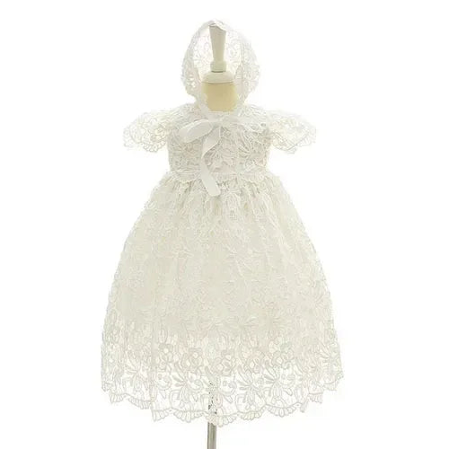 White infant baptism occasion gown with lace overlay and matching bonnet for newborns