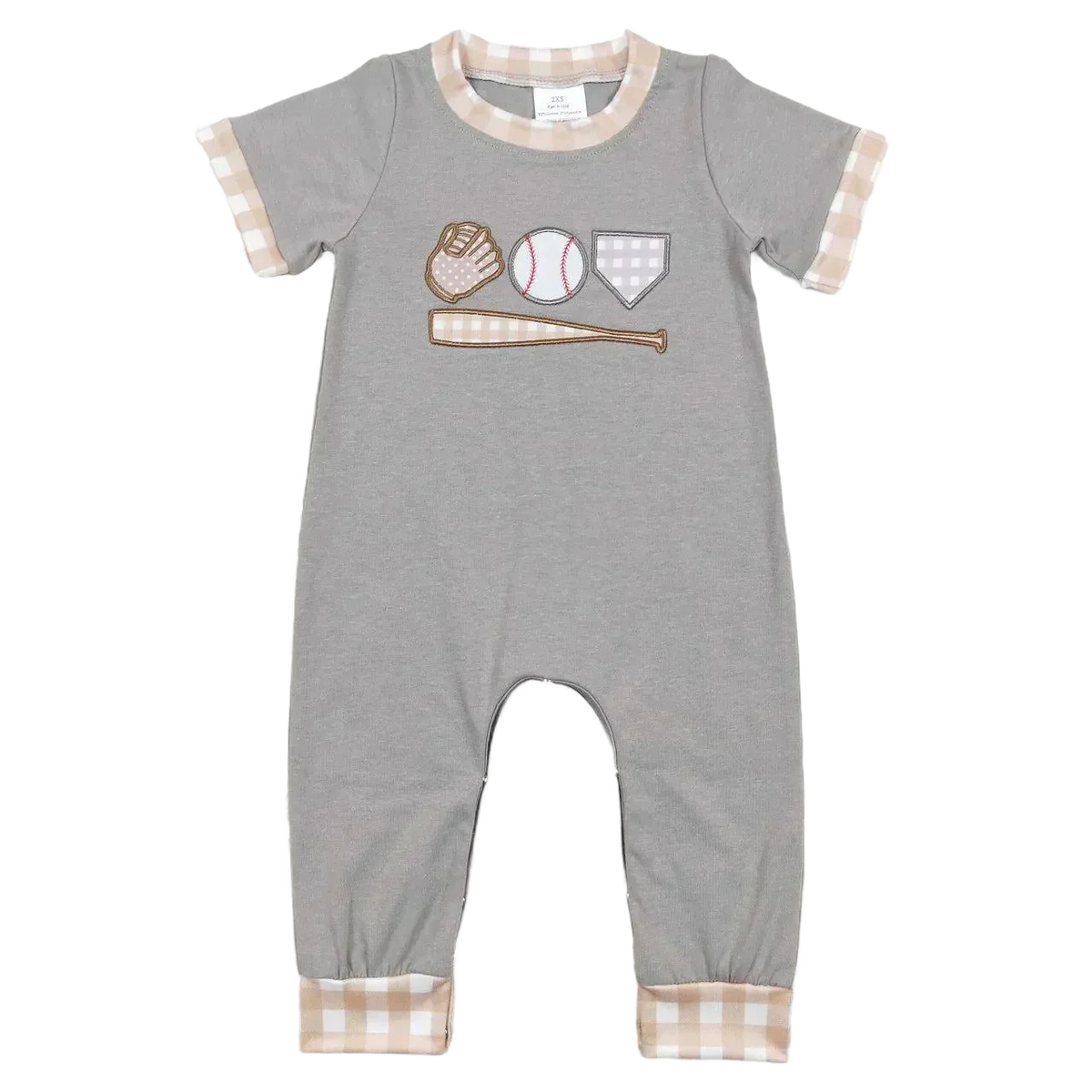 gray baseball baby romper for infants with beige plaid trim and baseball-themed applique