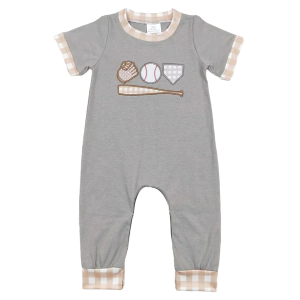 gray baseball baby romper for infants with beige plaid trim and baseball-themed applique