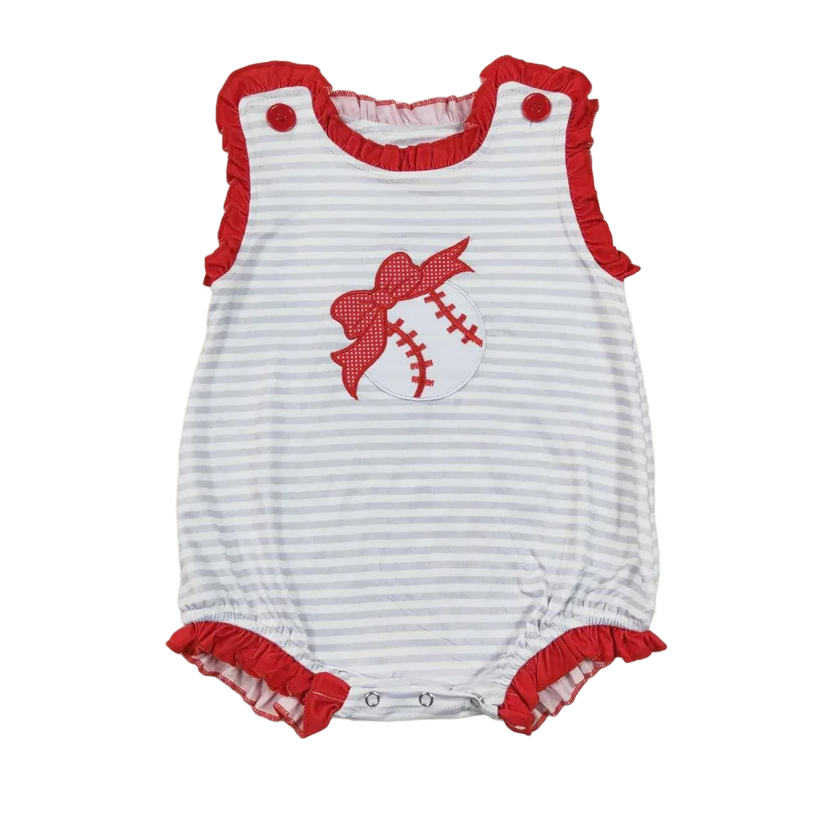 White and gray striped baseball baby romper with red trim and baseball graphic with bow for infants