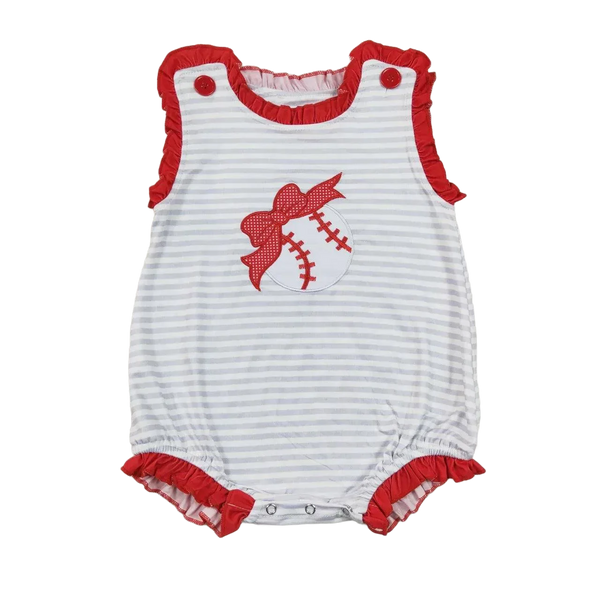 White and gray striped baseball baby romper with red trim and baseball graphic with bow for infants