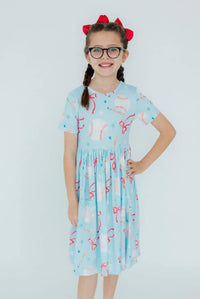 Girls light blue baseball twirl dress for girls with short sleeves and red and white baseball design