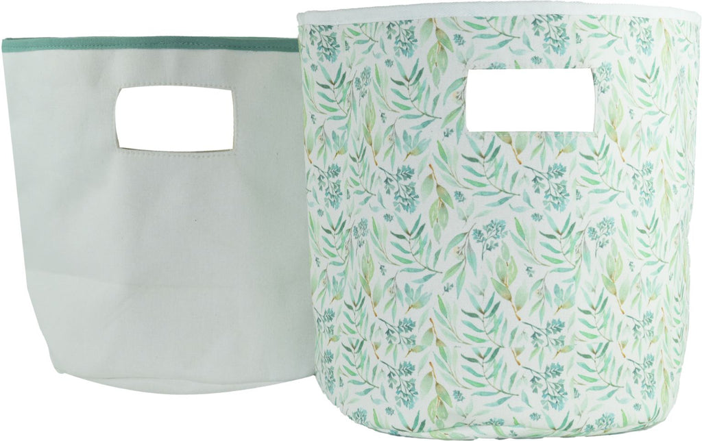 Basil Soft Storage 2 Pack: Stylish and functional storage bins for baby's nursery, featuring a solid bin that nests inside a patterned bin. Perfect for organizing toys and promoting toddler independence.
