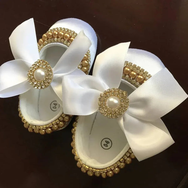 Beaded Baby Pre-Walker Shoes with Pearls & Satin Bow - The Palm Beach Baby
