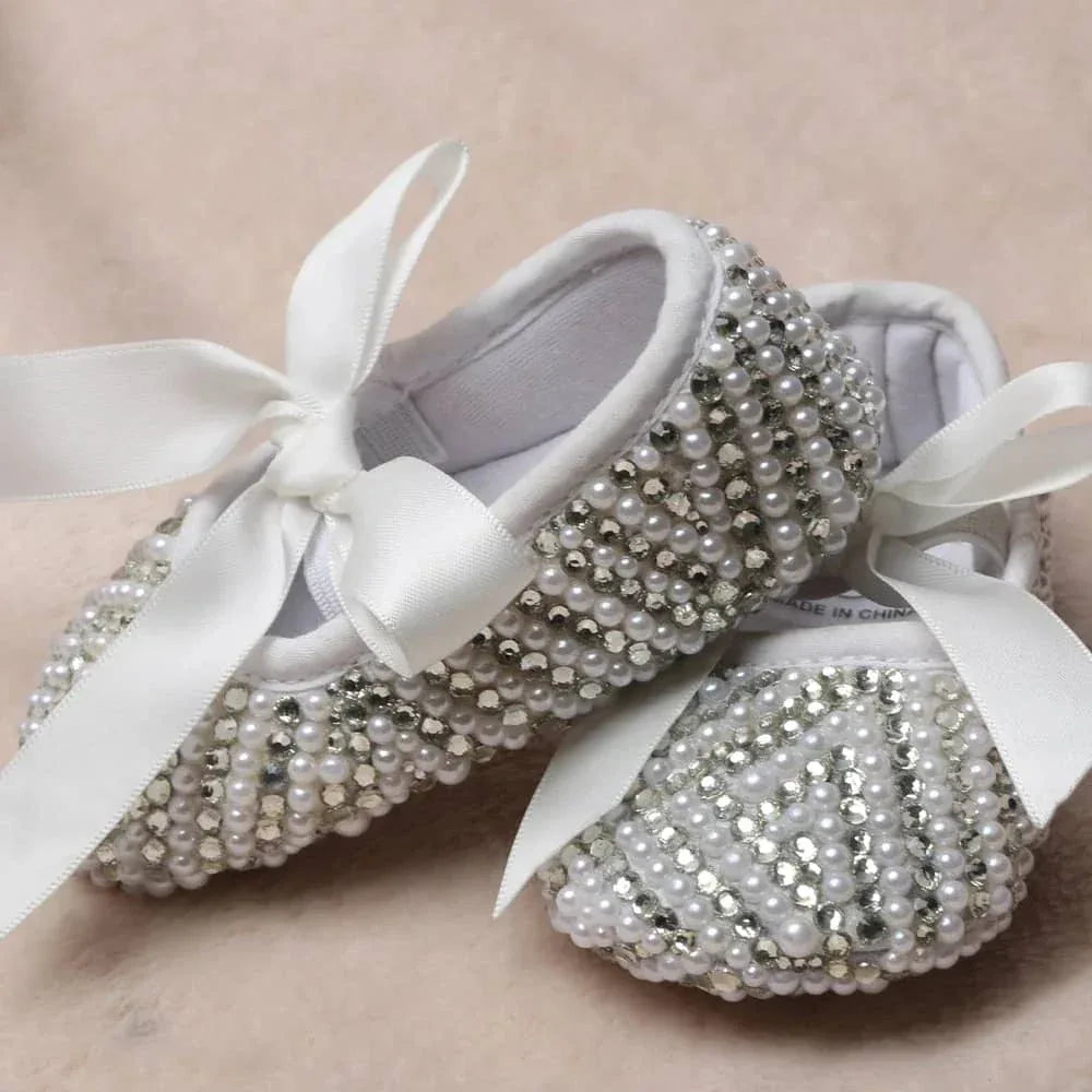 Beaded Baby Pre-Walker Shoes with Pearls & Satin Bow - The Palm Beach Baby