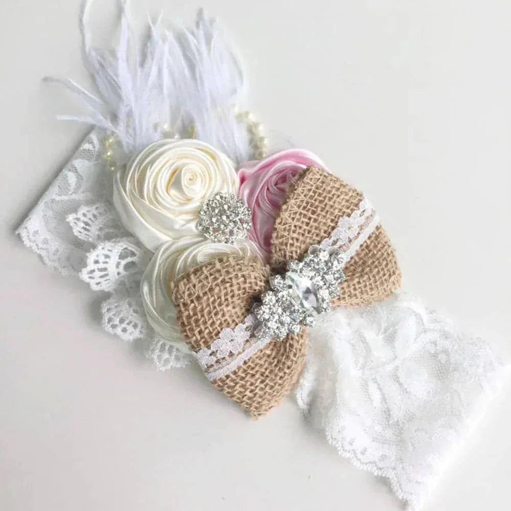 beaded floral baby headband white lace with burlap bow pink and cream flowers for infants