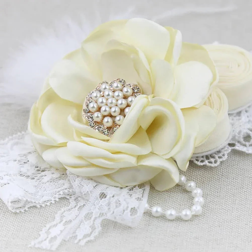 cream beaded floral baby headband for babies with pearl and lace detail