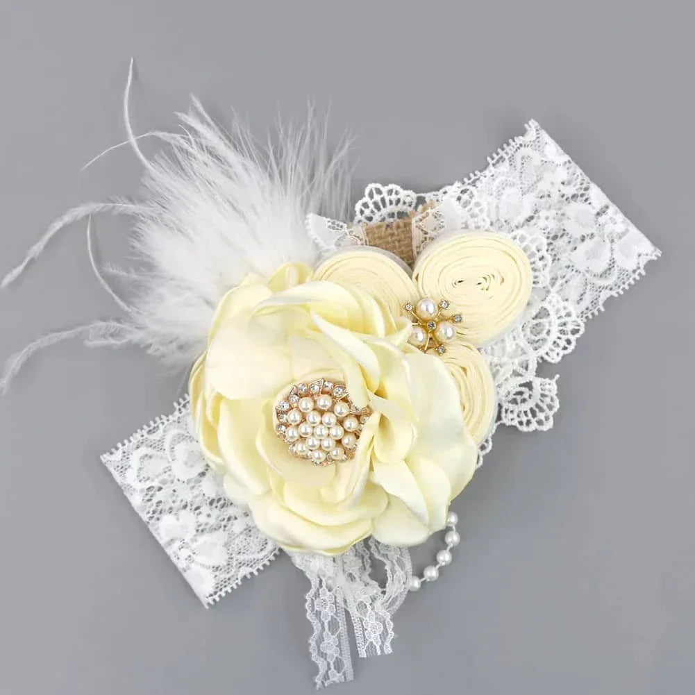 Ivory beaded floral baby headband with lace band and feather detail for infants