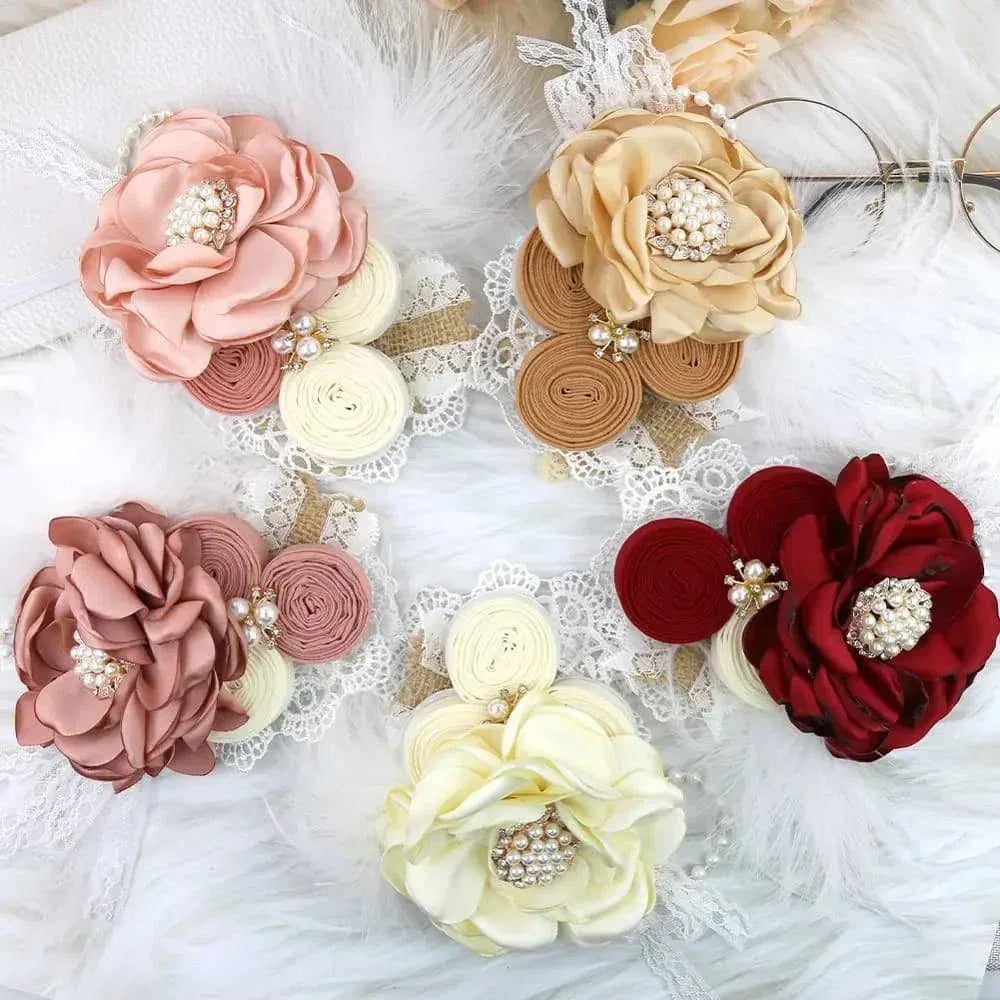 beaded floral baby headband in pink beige mauve red and cream for babies with pearl center detail
