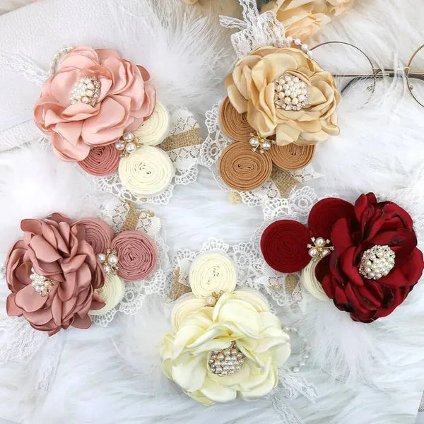 beaded floral baby headband in pink beige mauve red and cream for babies with pearl center detail