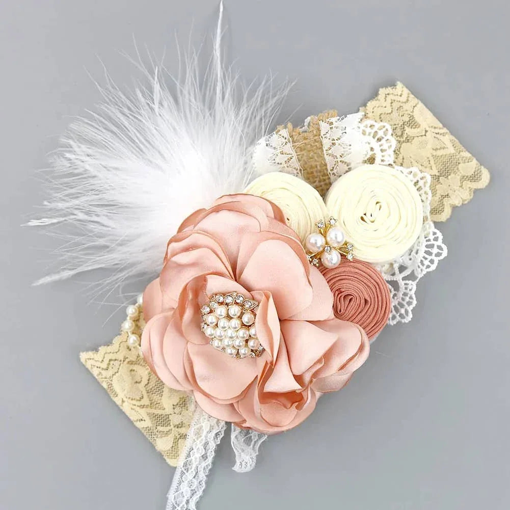 beige lace beaded floral baby headband with peach flower and white feather for infants
